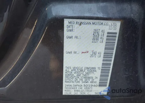 2016 Nissan Altima 2.5/2.5 S/2.5 Sl/2.5 Sr/2.5 Sv из США, поврежденный, VIN 1N4AL3APXGN305940